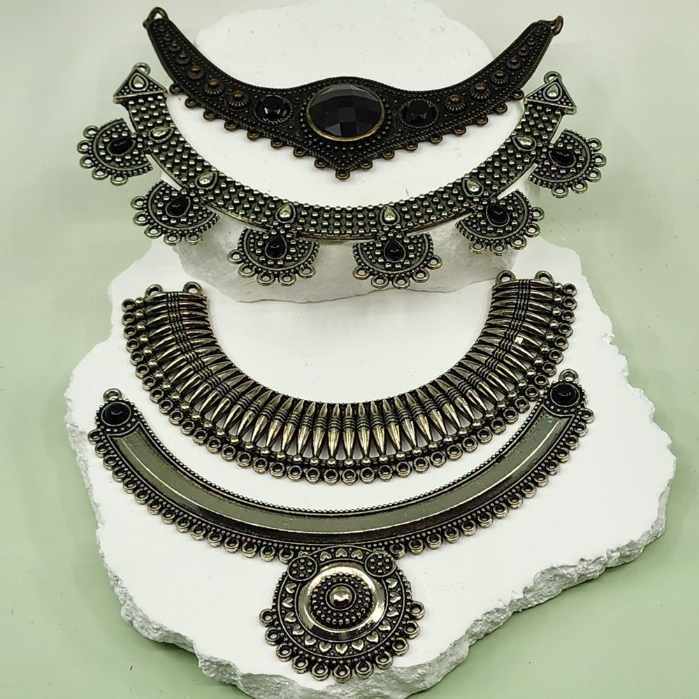 Lot of 4 Ornate Bib Necklace Collar Pendants Black Silver Tone Gothic Boho Set